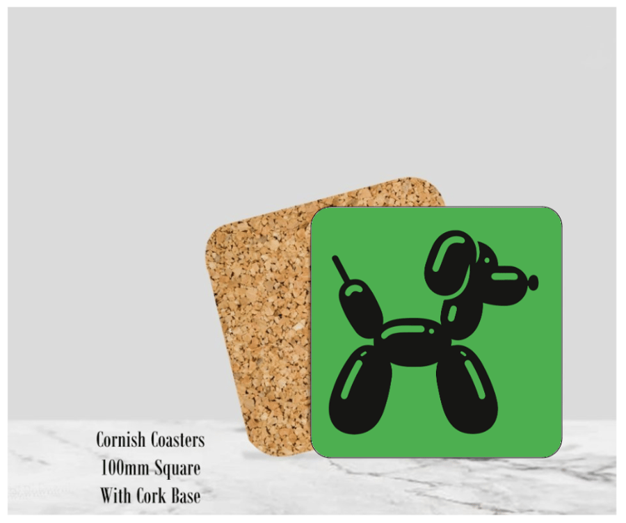 Green Balloon Dog Coaster 4" Square With Cork Base