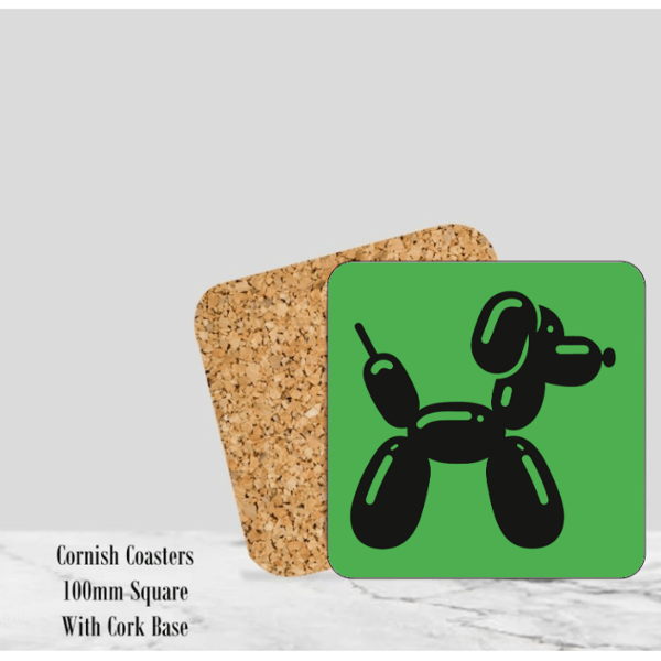 Green Balloon Dog Coaster 4" Square With Cork Base