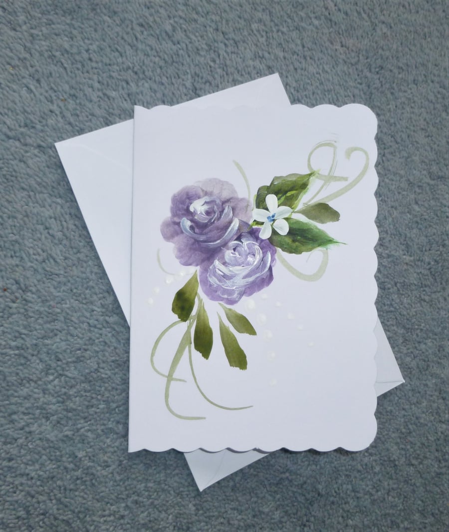 hand painted floral roses greetings card ( ref F355.B4 )