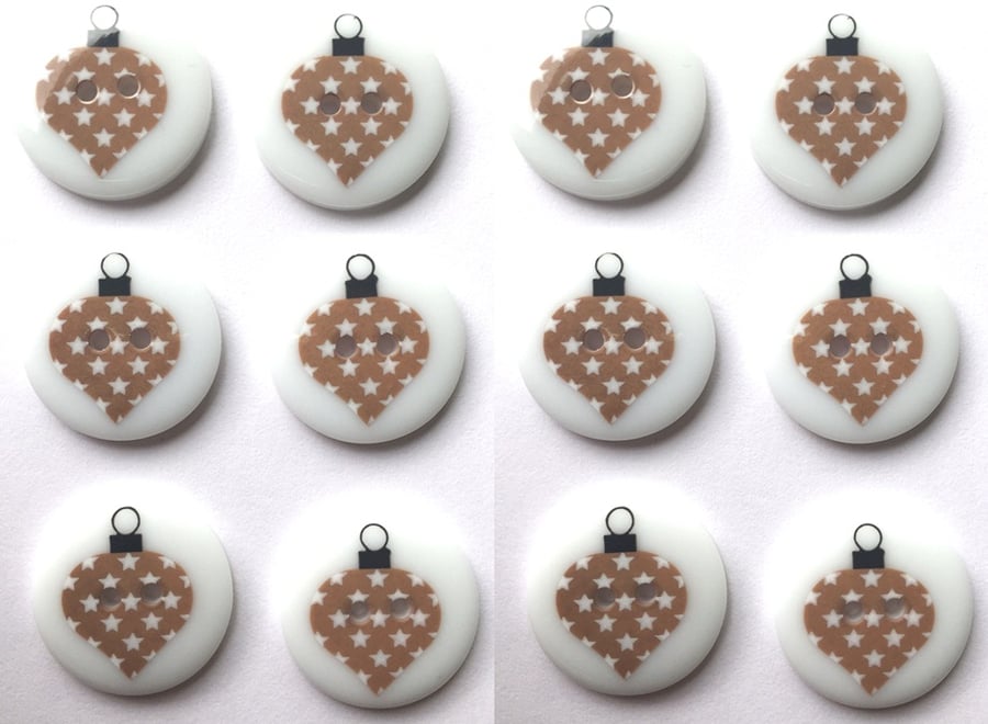 12 Christmas Buttons, Gold Bauble Design, 23mm Wide, Round, Noel! Festive