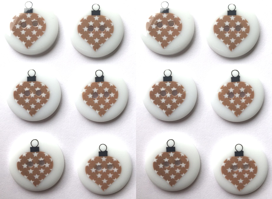 12 Christmas Buttons, Gold Bauble Design, 23mm Wide, Round, Noel! Festive