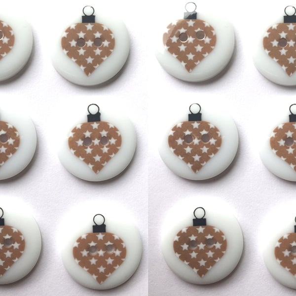 12 Christmas Buttons, Gold Bauble Design, 23mm Wide, Round, Noel! Festive