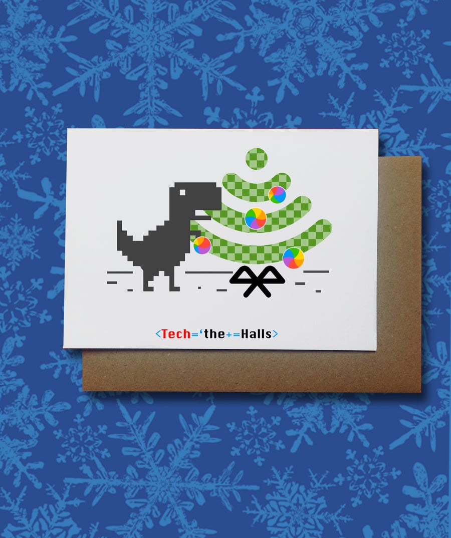 funny Geek Christmas Computer  Card, Dinosaur T-Rex Card,  Technology 