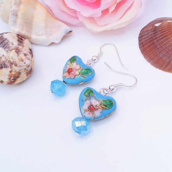 Pale Blue Cloisonne Heart and Crystal Earrings, Gift for Her, Heart Earrings 