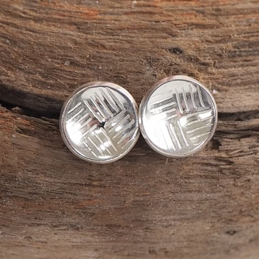 Silver Line Stud Earrings, Domed Silver Studs, Round Silver Earrings