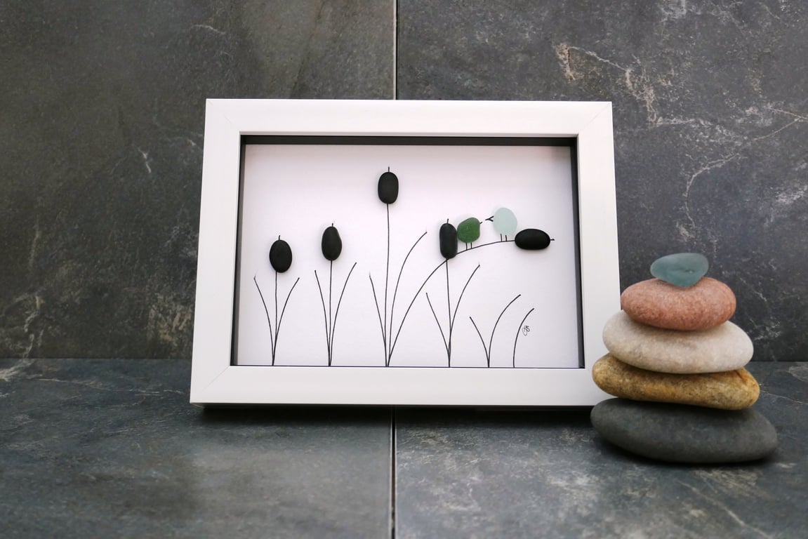 Framed Sea Glass Love Birds Art: Handmade Nature Lover's Gift with Genuine Engli