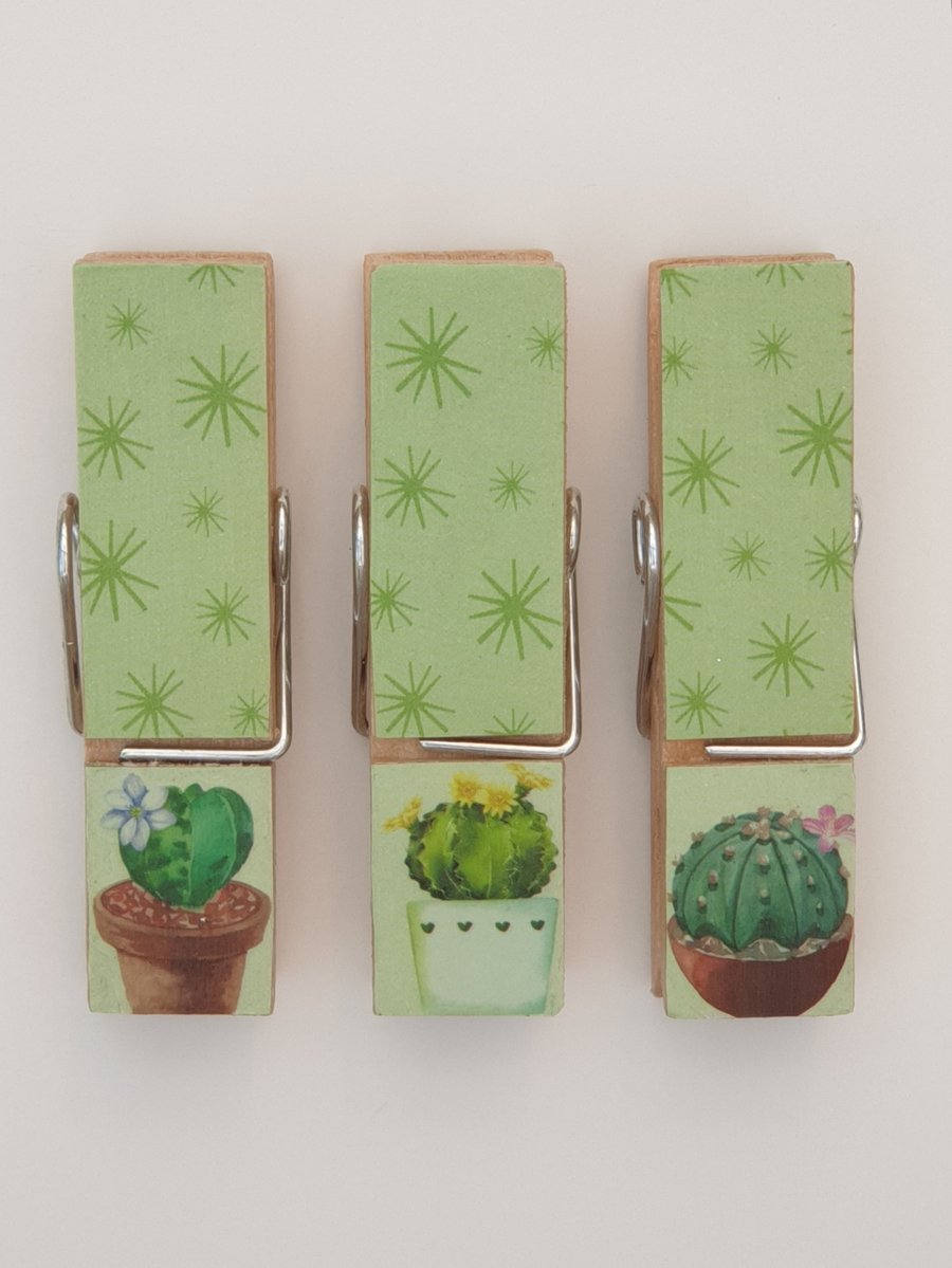 Cactus design large Peg Fridge Magnets decoupaged set of 3