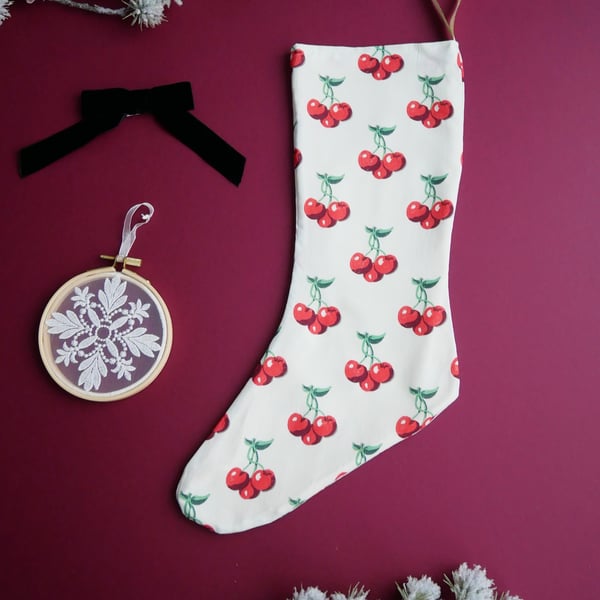 Medium Cream Christmas Stocking with Retro Cherry Print 