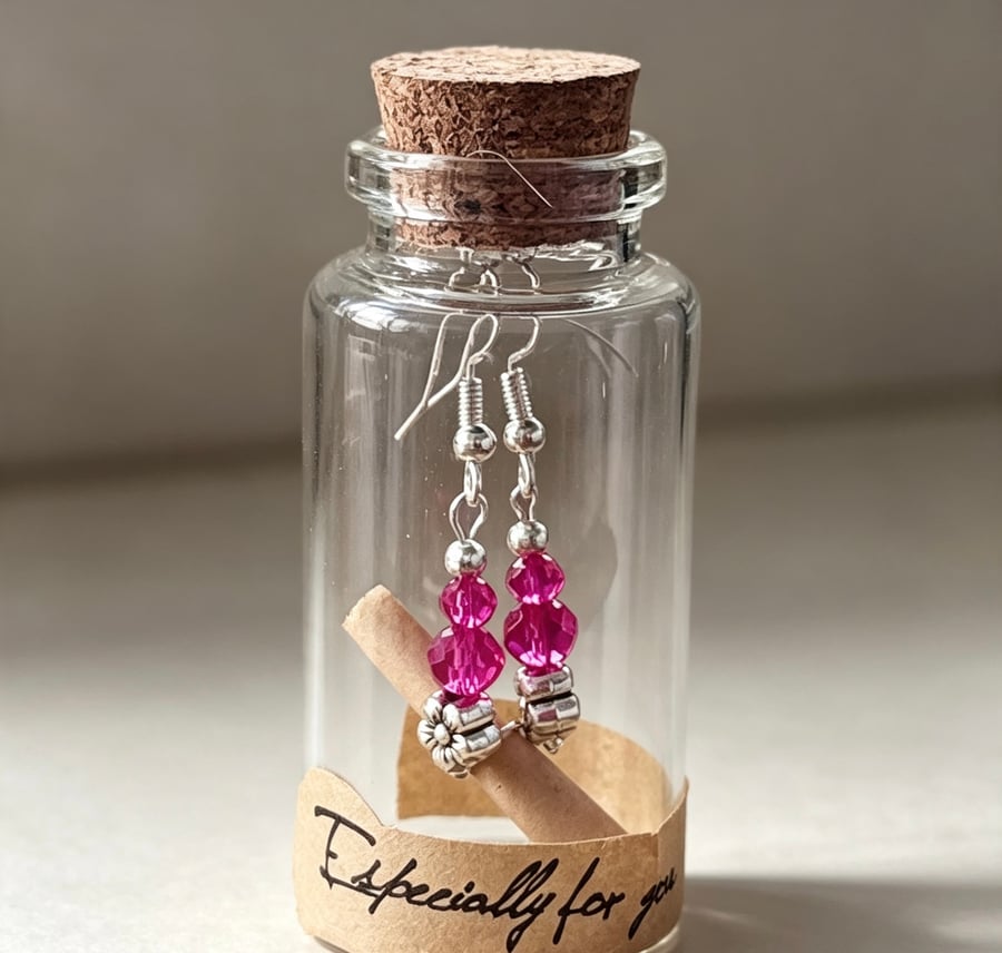 Hot Pink Sparkling Earrings in a Message Bottle