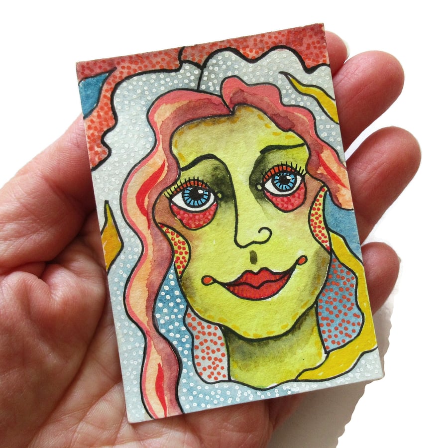 ACEO Female Portrait Painting Miniature Abstract Woman's Face Mini Artwork 