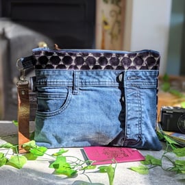 Denim Bag - Denim and Chenille Clutch Bag with Leather Strap (P&P included)