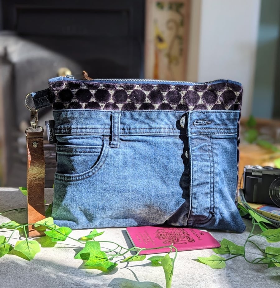 Denim Bag - Denim and Chenille Clutch Bag with Leather Strap