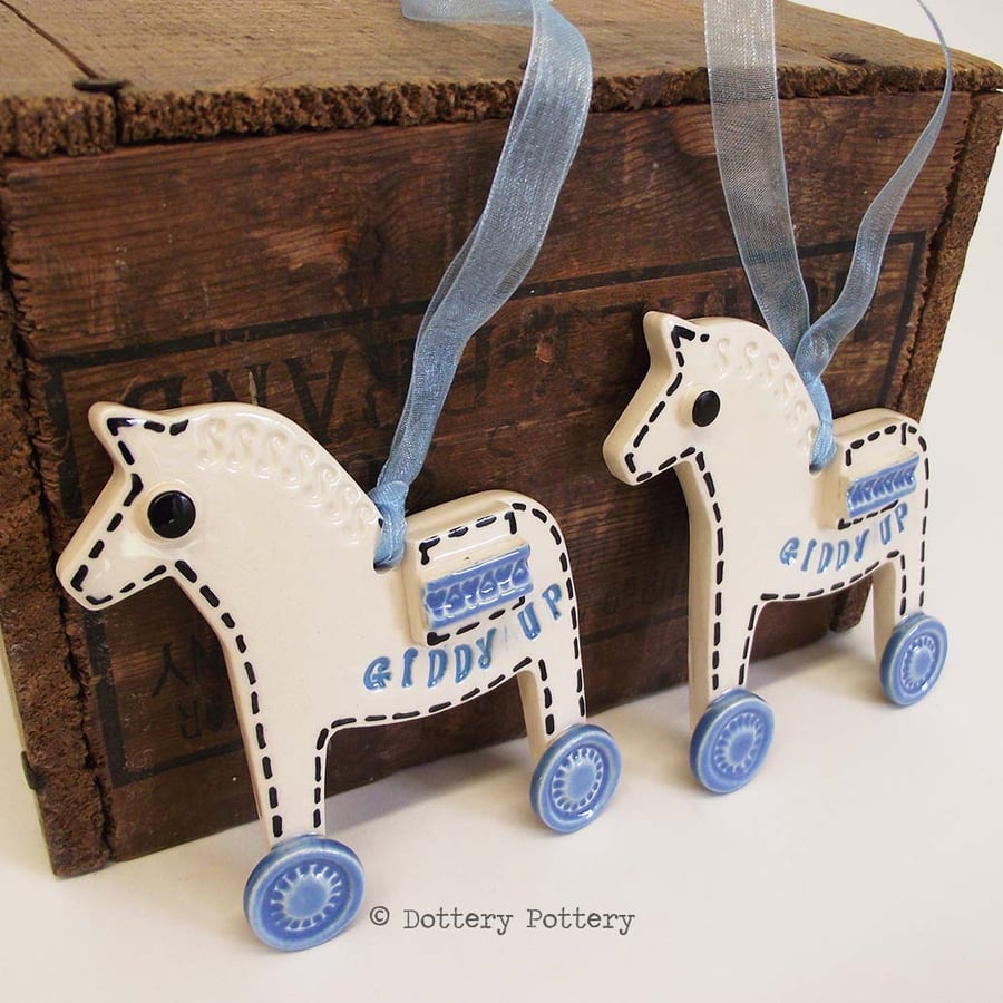 Pottery Horse Ceramic hanging decoration. Illustrated Horse pottery decoration