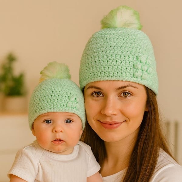 Matching ladies and baby green crocheted hats with detachable faux fur pompoms 