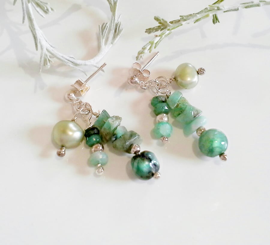 Natural Emerald & Freshwater Pearl Cluster Earring Sterling Silver