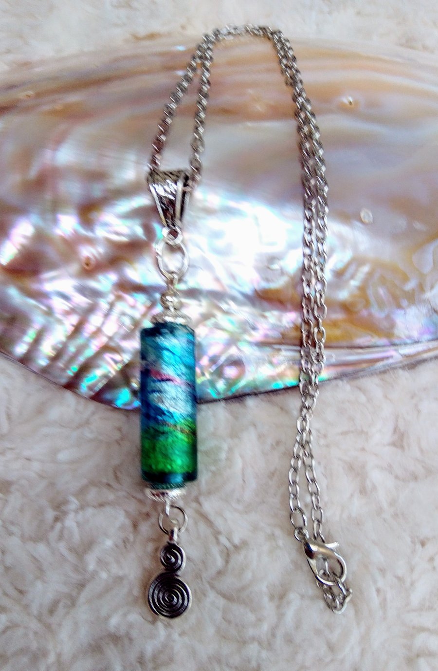 Hand made foiled LAMPWORK glass cylinder & Tibetan silver beaded PENDANT necklac