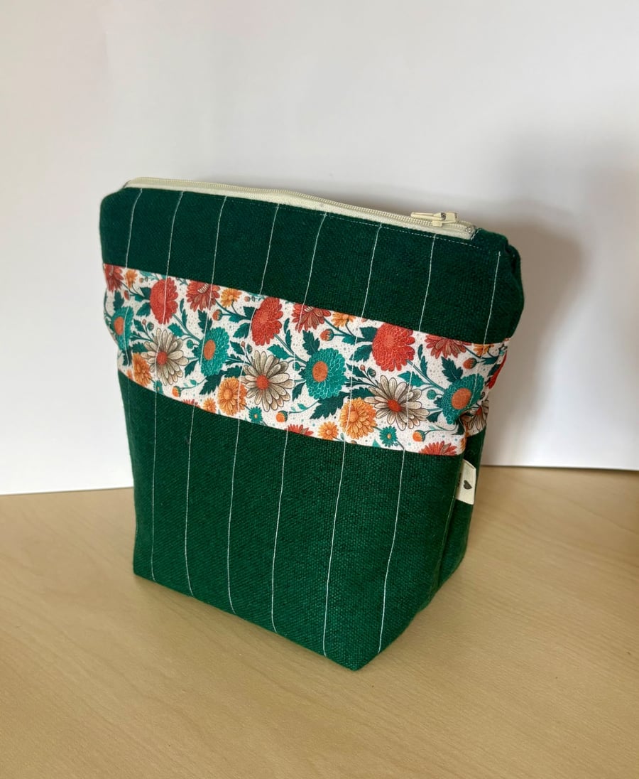 Oranges Flowers Quilted Zip Pouch in Pinstripe Forest Green