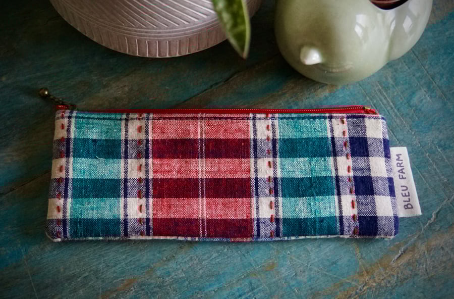Vintage Tartan Fabric Slim Pencil Case Zipper Pen Pouch Zipper Glasses Pouch