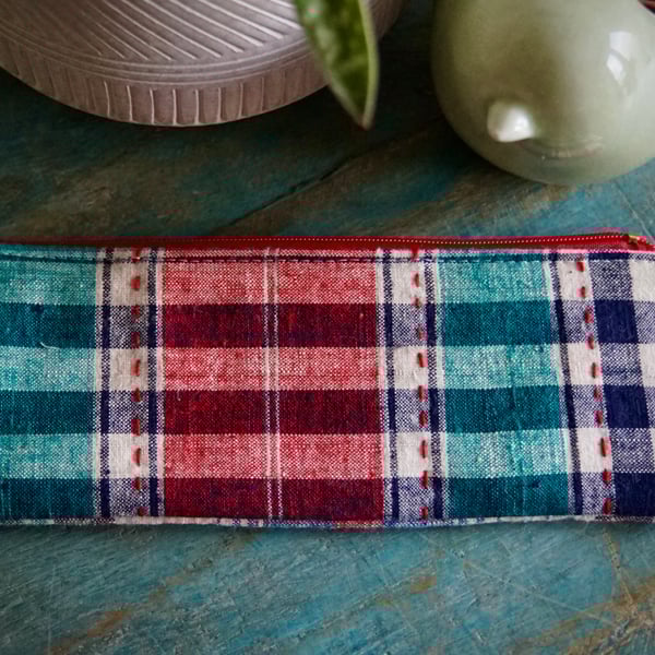 Vintage Tartan Fabric Slim Pencil Case Zipper Pen Pouch Zipper Glasses Pouch