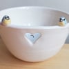 Ceramic handmade tealight wth 2 blue tit birds & birdprints candle holder gift