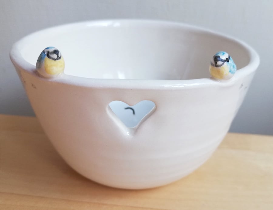 Ceramic handmade tealight wth 2 blue tit birds & birdprints candle holder gift