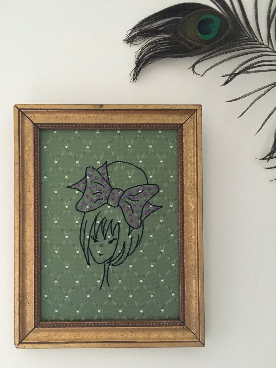 Hand Embroidered Girl on Green Vintage Damask Fabric in a Vintage Frame