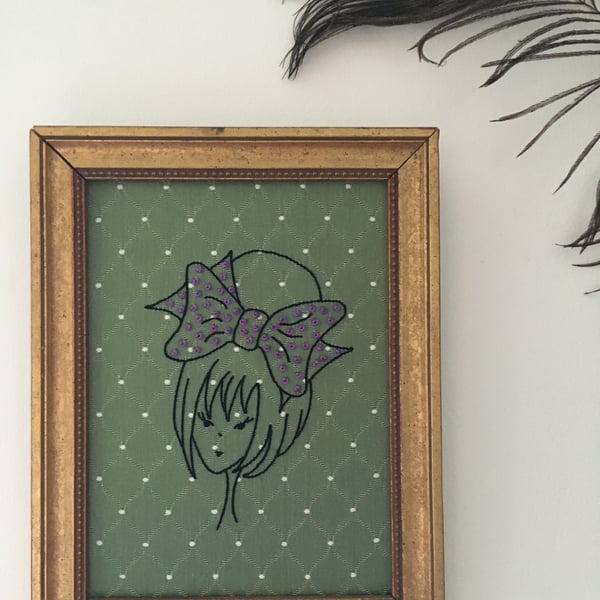 Hand Embroidered Girl on Green Vintage Damask Fabric in a Vintage Frame
