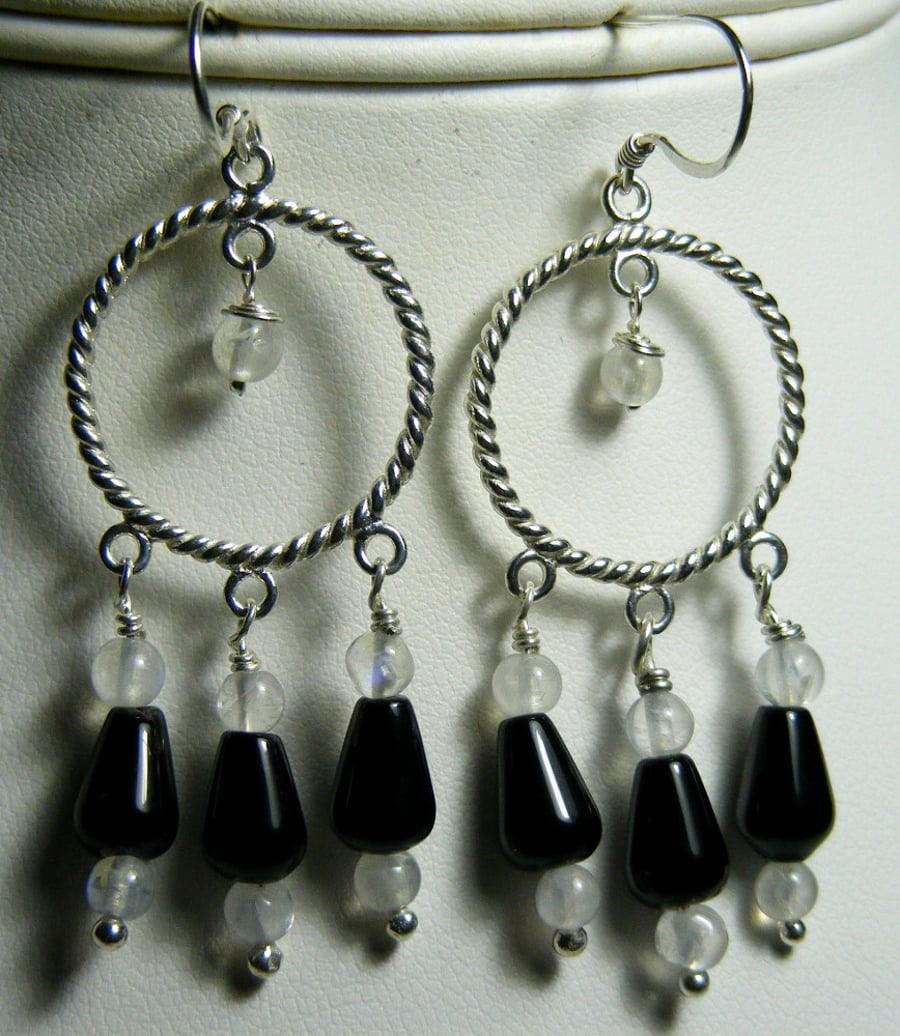 Onyx and Moonstone Sterling Silver Earrings
