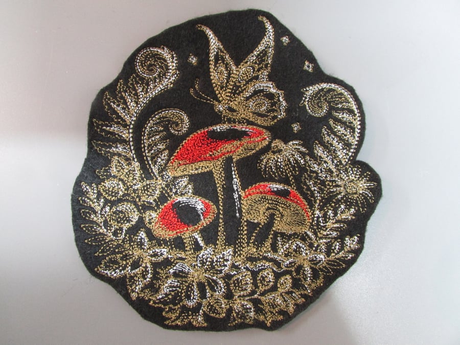 Fungi Mushroom and Butterfly Embroidered Sew on Applique Patch
