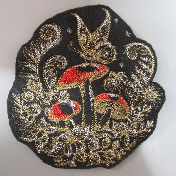 Fungi Mushroom and Butterfly Embroidered Sew on Applique Patch