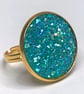 AQUAMARINE GLITTER RING gold plated adjustable 20 mm faux druzy  - Image 6