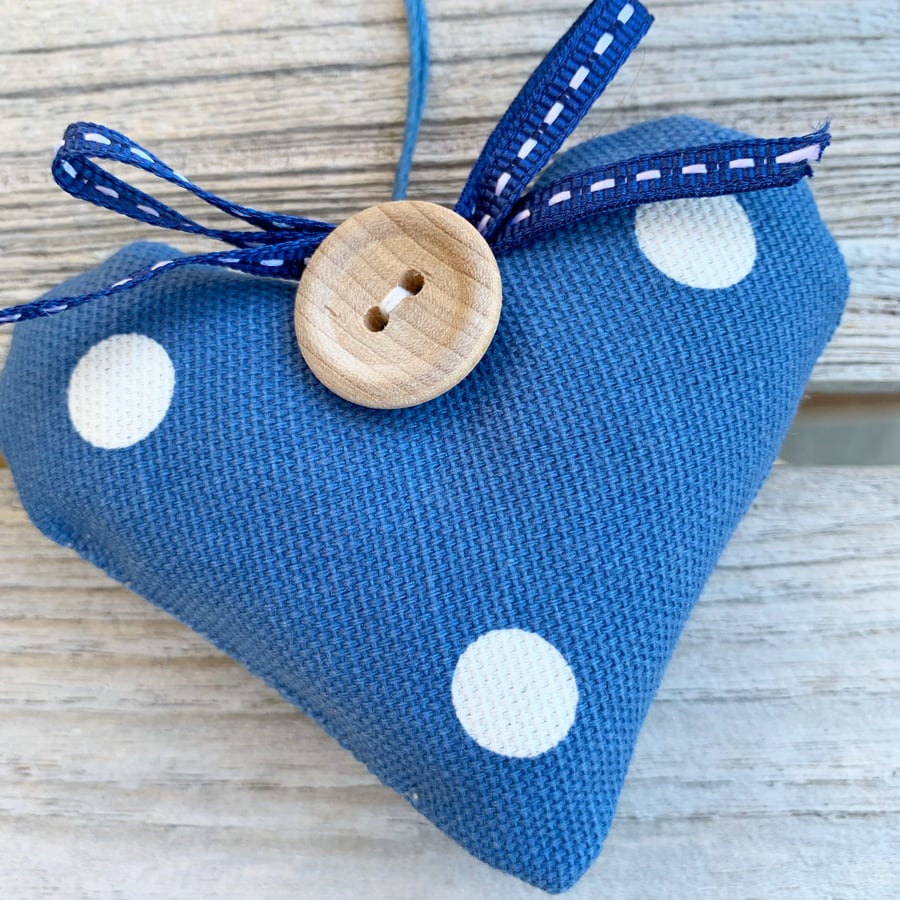 LAVENDER HEART - blue and white polka dots