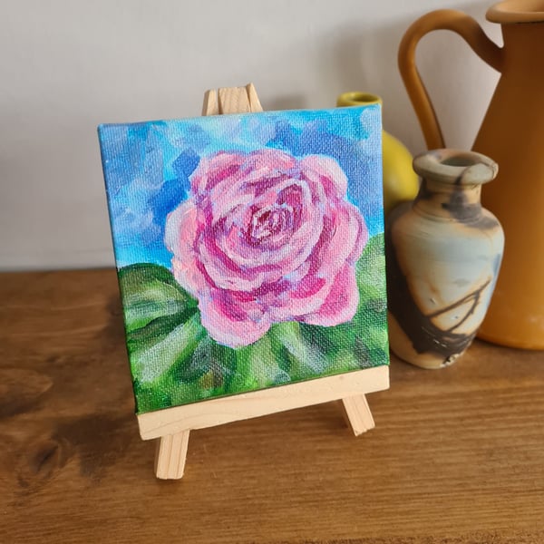 Pink rose mini canvas painting original art acrylic painting home decor