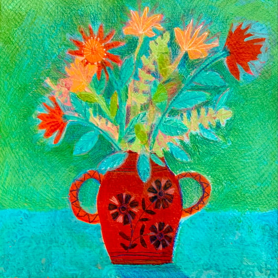 Red Vase of Flowers,  original painting