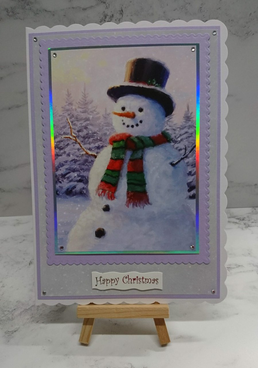 Handmade Christmas Card Happy Snowman Red Green Scarf Black Top Hat