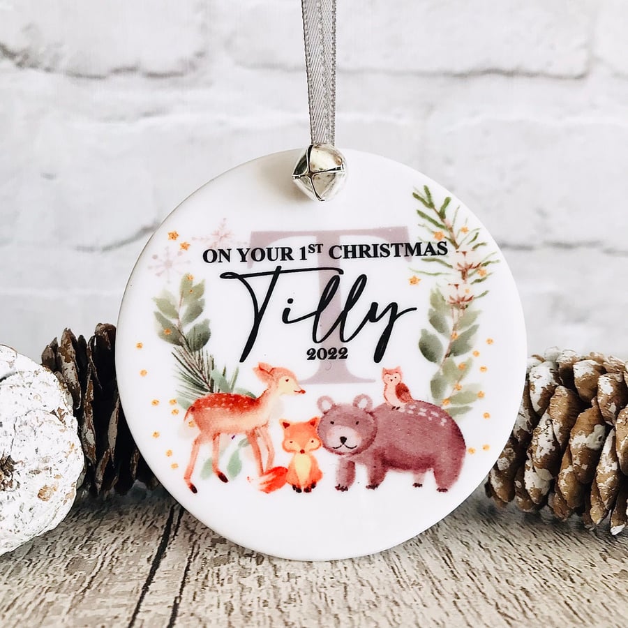 Personalised babys first christmas bauble, woodland animals, first xmas
