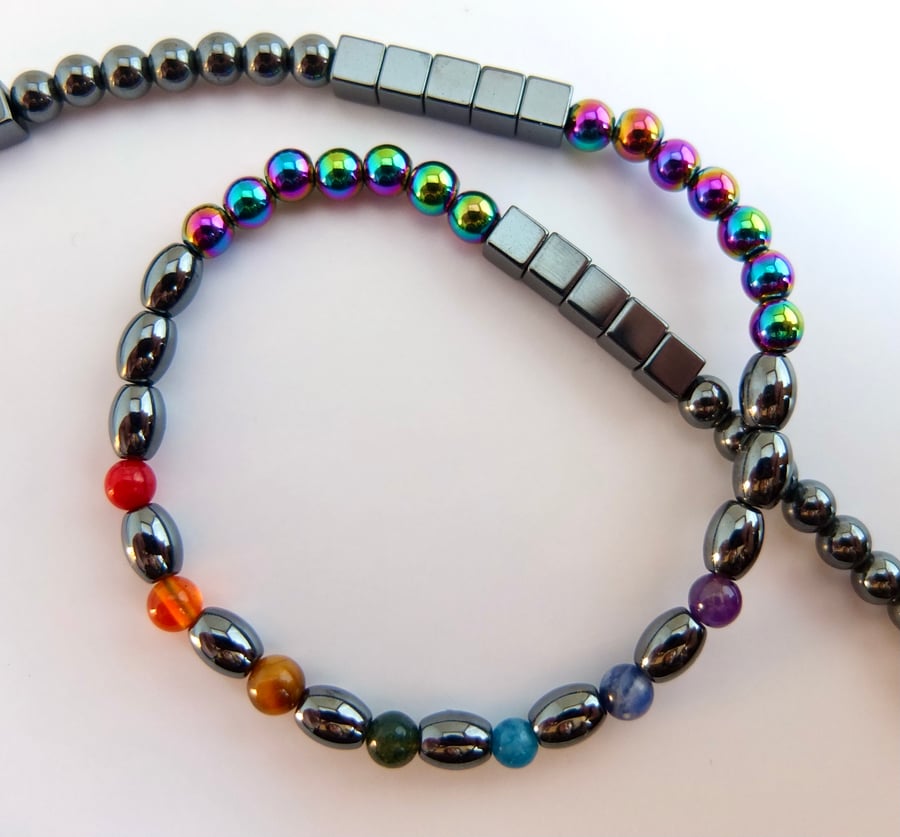 Hematite Necklace With Rainbow Semi-Precious Stones - Handmade In Devon