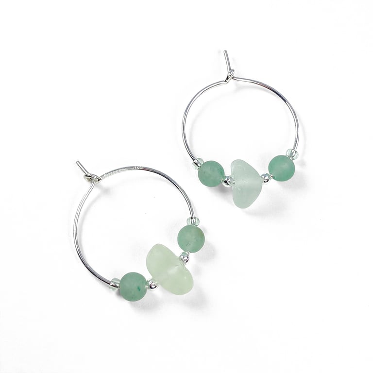 Sea Glass Hoop Earrings. Small Green Sterling Silver Aventurine Beaded Hoops