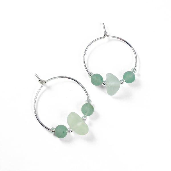 Sea Glass Hoop Earrings. Small Green Sterling Silver Aventurine Beaded Hoops