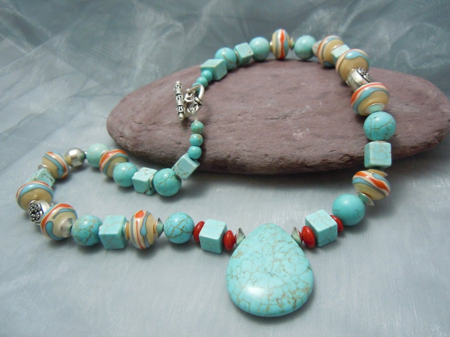Magnesite turquoise bead necklace with Lampwork beads & glass beads 