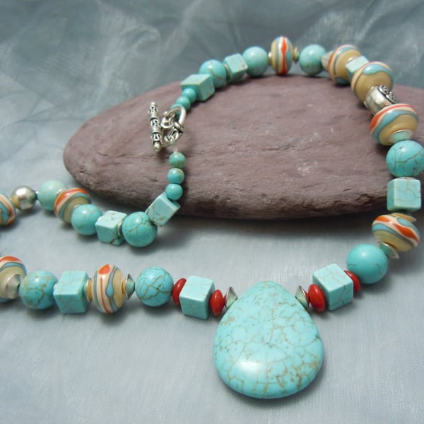 Magnesite turquoise bead necklace with Lampwork beads & glass beads 