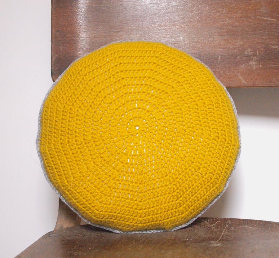 Crocheted Golden Yellow Round Cushion 