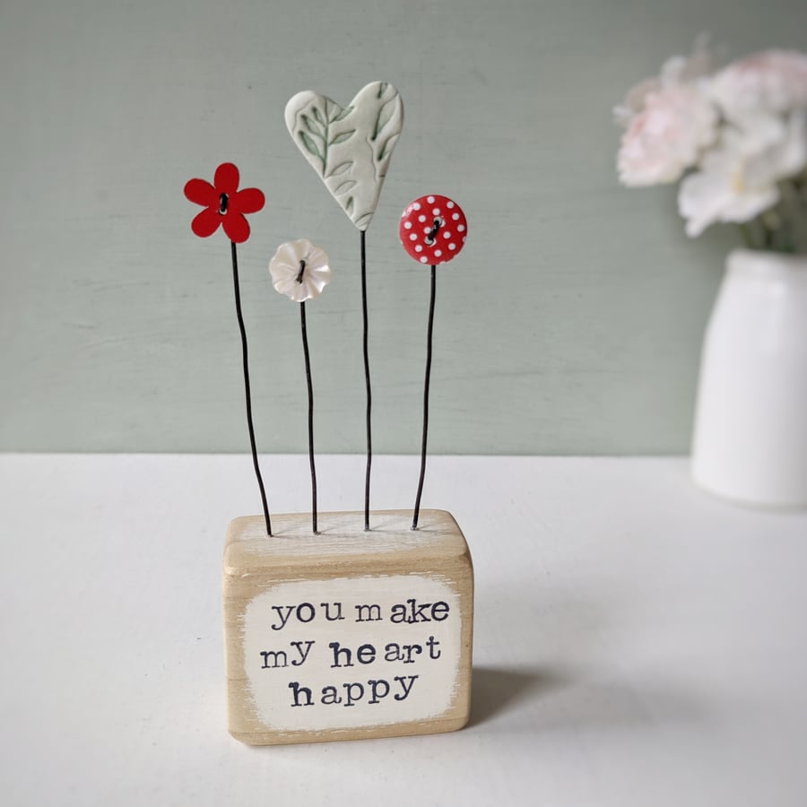 Clay Heart in a Wood Block 'You make my heart happy'