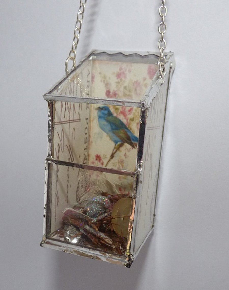 SALE Bird box with nest hanging keepsake