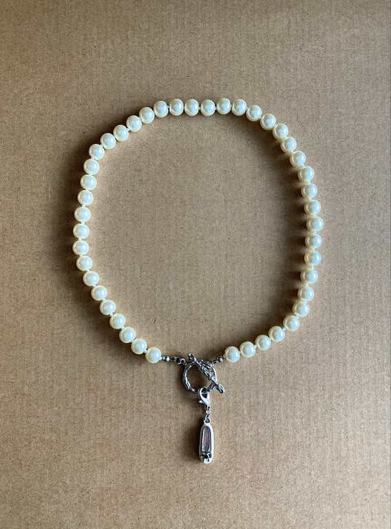 Gorgeous hand knotted 8mm acrylic faux pearl toggle closure necklace