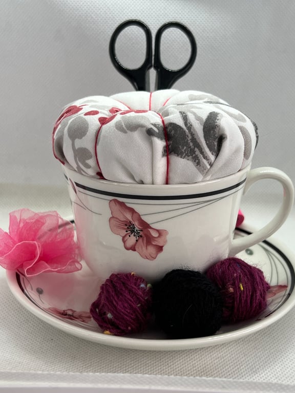 Vintage Teacup Pin Cushion and Sewing Set