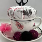Vintage Teacup Pin Cushion and Sewing Set
