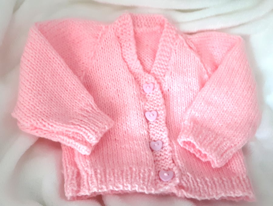 Traditional hand knitted pink baby cardigan 16 inch 