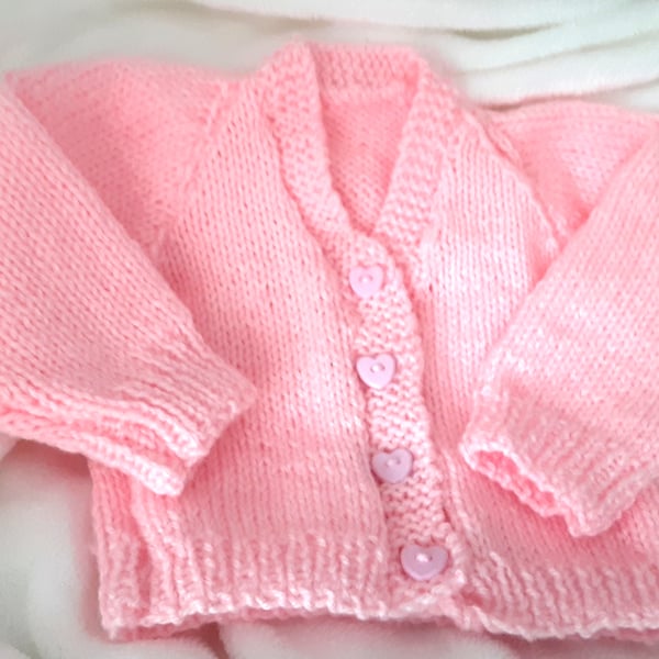 Traditional hand knitted pink baby cardigan 16 inch 