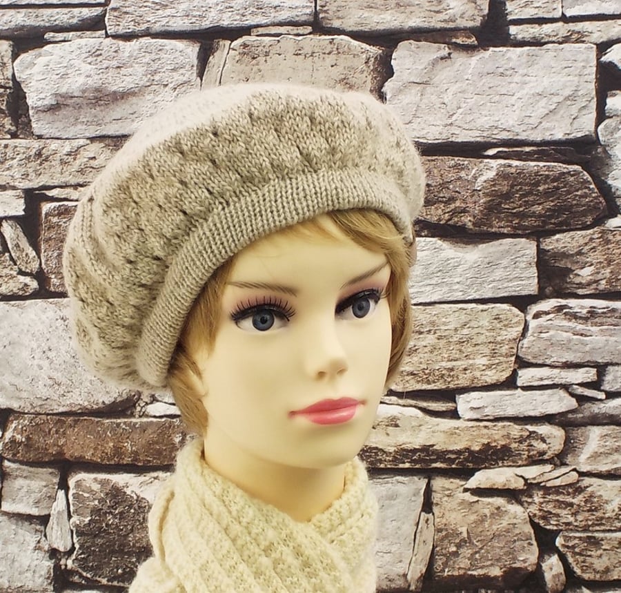 British wool beret women's winter hat fawn beige knitted Wensleydale